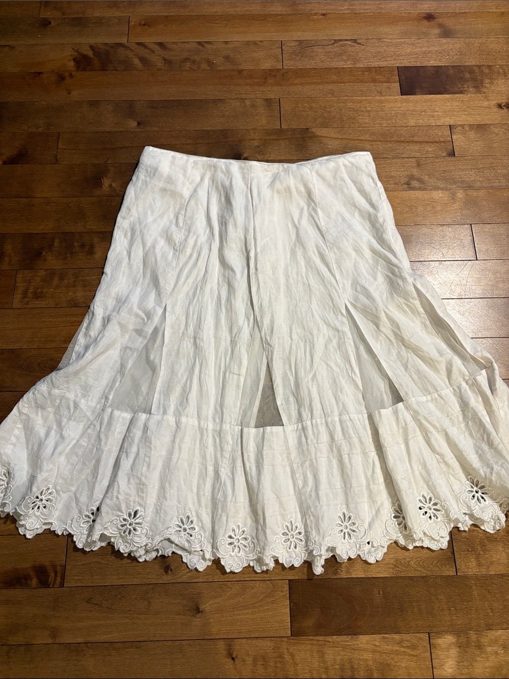 Classic White Linen Eyelet A-Line Midi Skirt